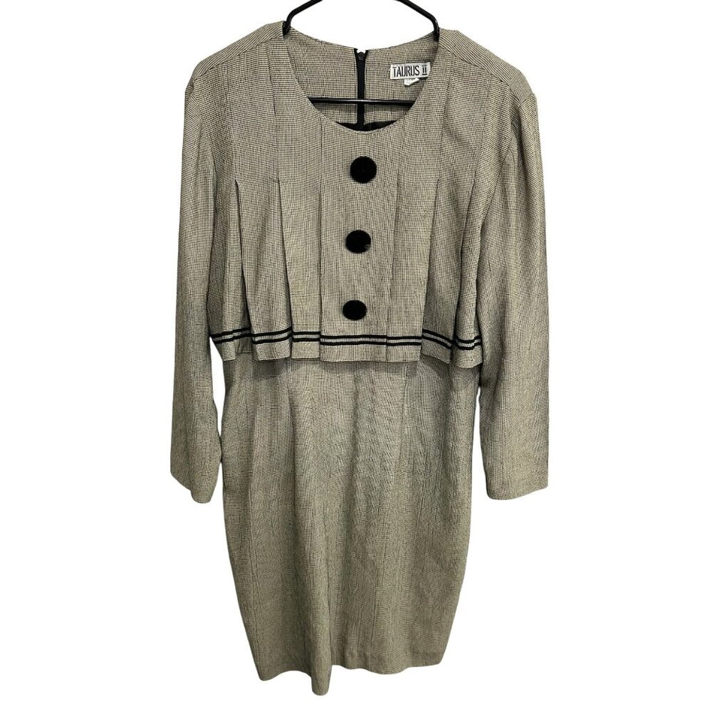 Vintage Taurus II Houndstooth Dress With Overlay Design Button Details Size M